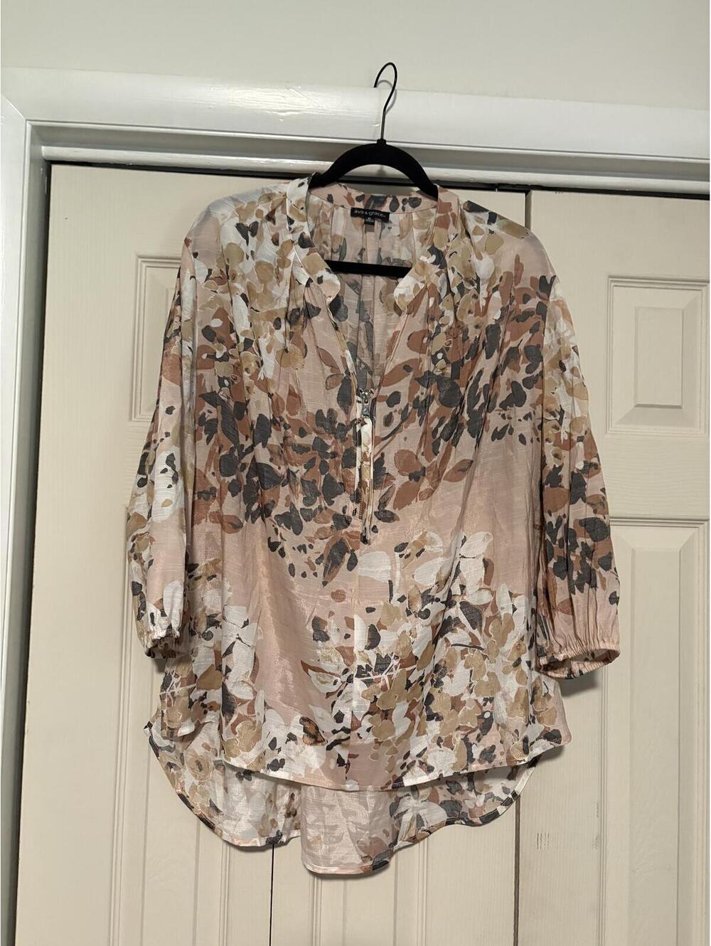 Ava & Grace Floral Blouse Neutral Boho 3/4 Sleeve Lightweight Top